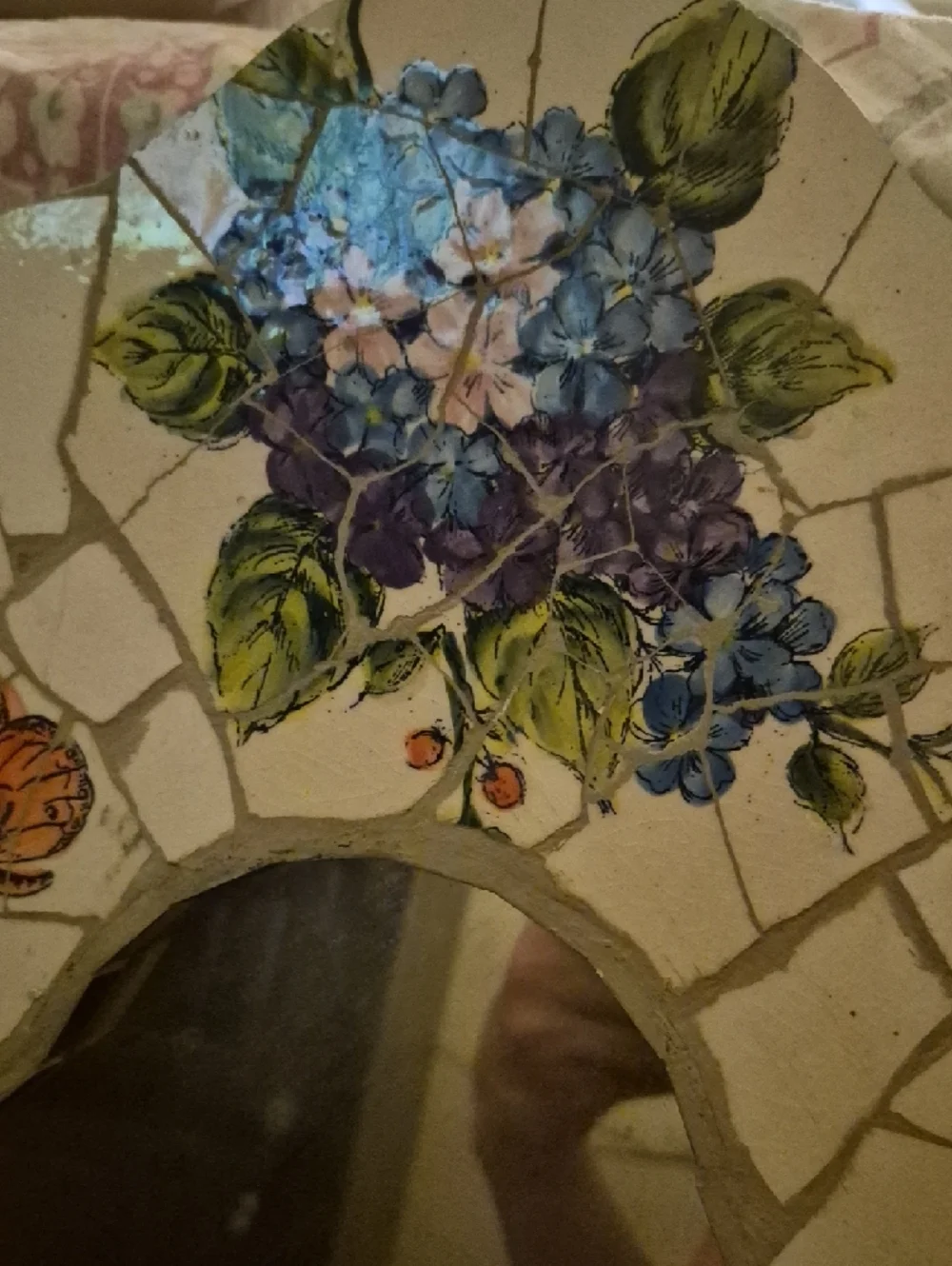 Handmade Mosaic Floral Mirror with Blue Hydrangeas and Butterflies